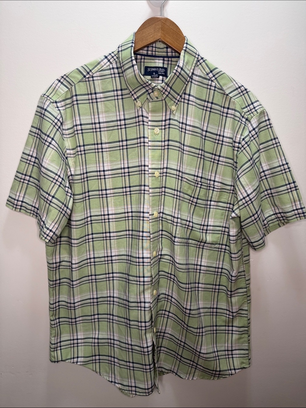 Y2K St. John's Bay Light Green Plaid Short Sleeve Polo Size L 29.5x25